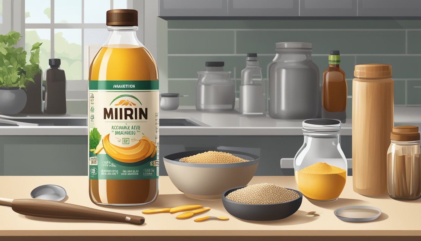 A bottle of mirin with an expiration date clearly displayed, surrounded by various cooking ingredients and utensils on a kitchen countertop