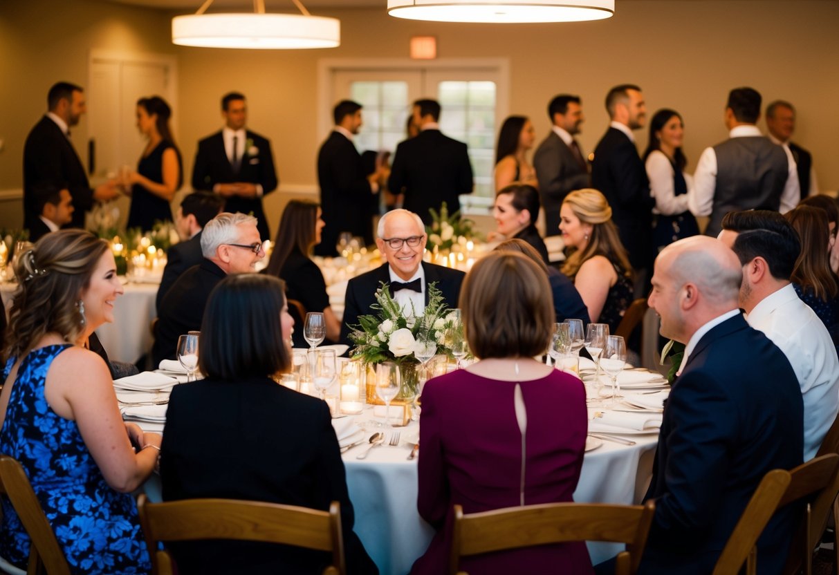 A group of tables set up for a rehearsal dinner, with guests mingling and chatting in a warm and inviting atmosphere