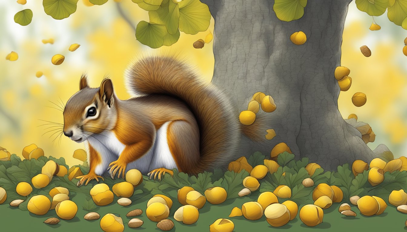 A squirrel gathering fallen ginkgo nuts under a vibrant tree