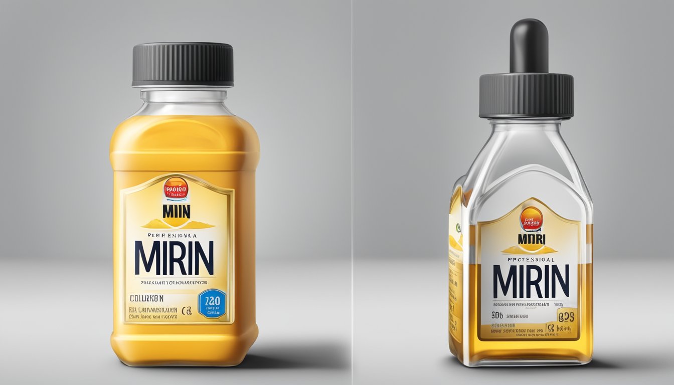 A bottle of expired mirin with a visible expiration date and quality indicators such as discoloration or cloudiness