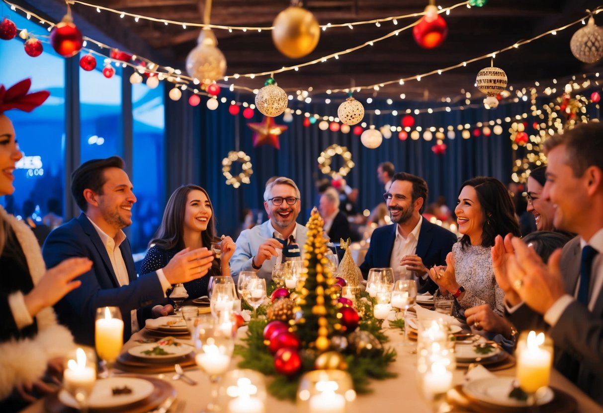 A festive gathering with decorations, music, and joyful guests