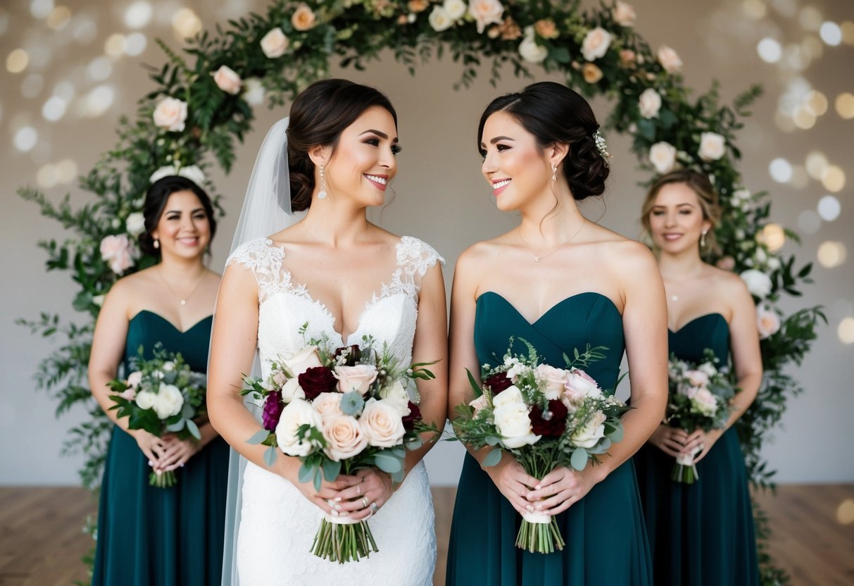 A bride holding a bouquet stands next to a bridesmaid holding a matching bouquet, both surrounded by a cohesive floral arrangement
