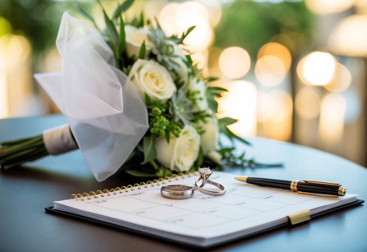 A table with a bouquet, wedding rings, a schedule, and a pen