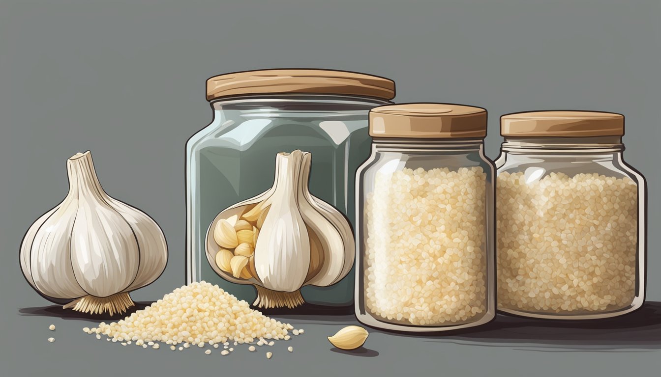 A jar of expired minced garlic next to a fresh jar, with visible changes in color and texture