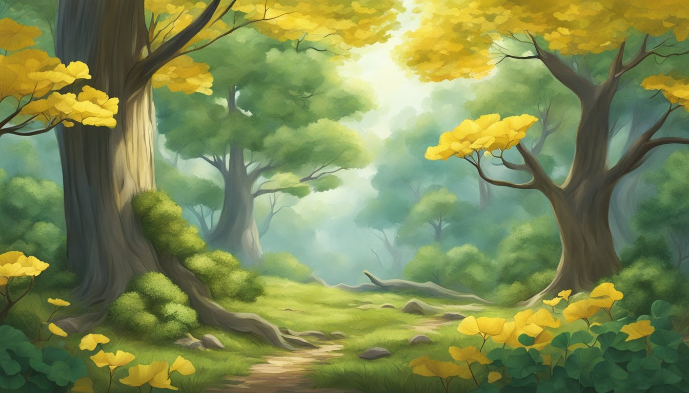 A serene forest with a ginkgo tree bearing nuts, surrounded by diverse plant life and wildlife