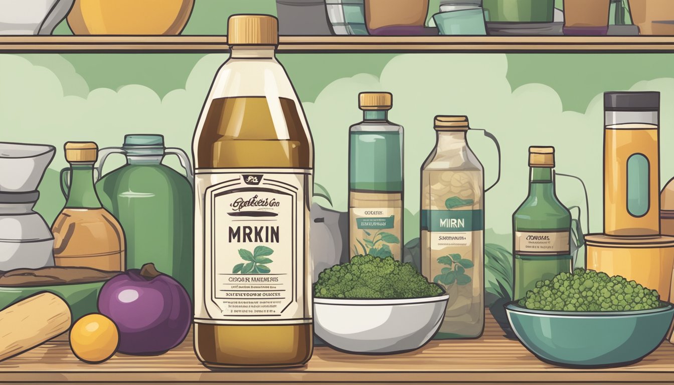 A bottle of expired mirin sits on a shelf next to other cooking ingredients. The label is faded, and the liquid inside appears cloudy