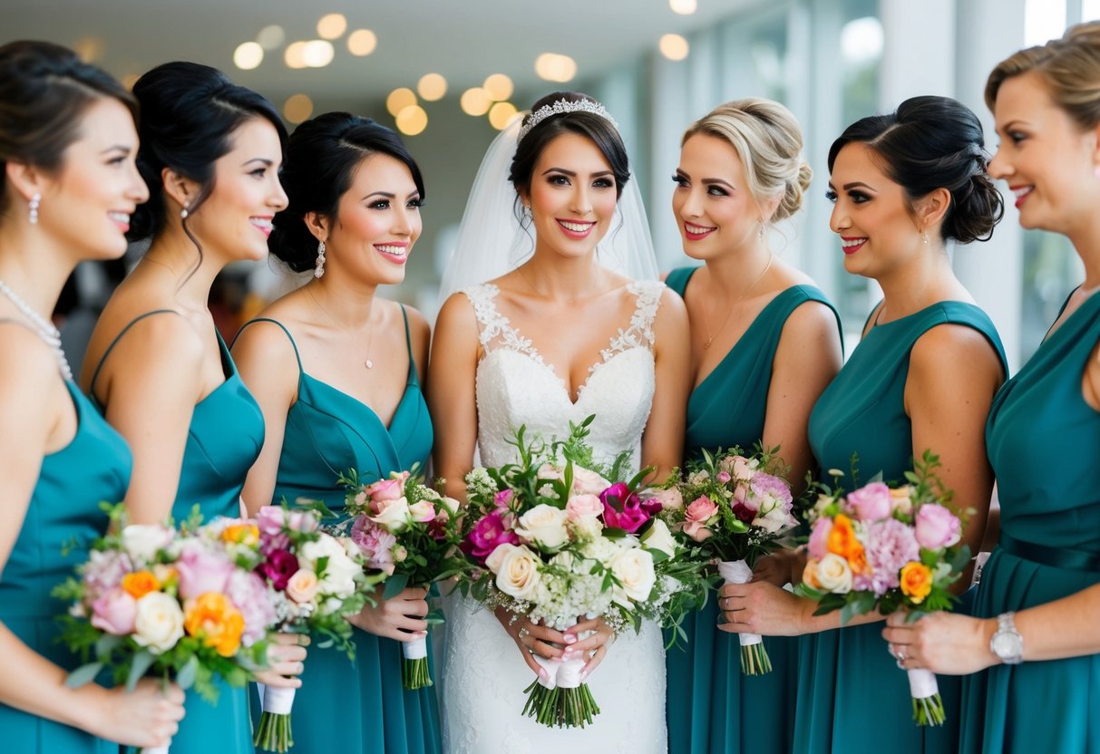 The bride selects and purchases a beautiful bouquet for each of her bridesmaids, carefully choosing flowers and colors to match her wedding theme