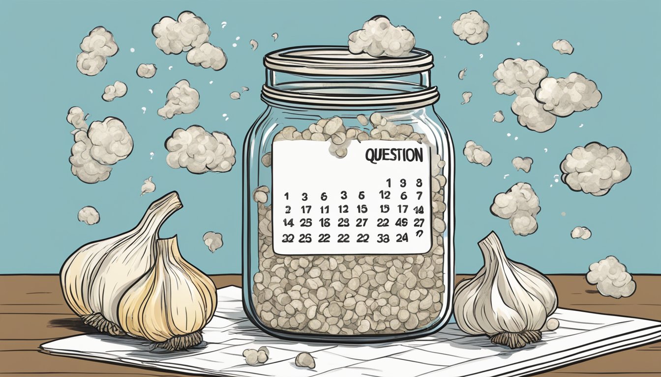 A jar of minced garlic sits next to a calendar, with the expiration date circled. A cloud of question marks hovers above the jar, indicating uncertainty about its safety