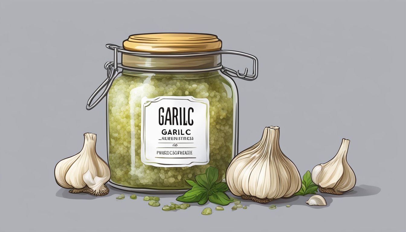 A jar of minced garlic with a moldy, discolored appearance and a pungent, sour odor