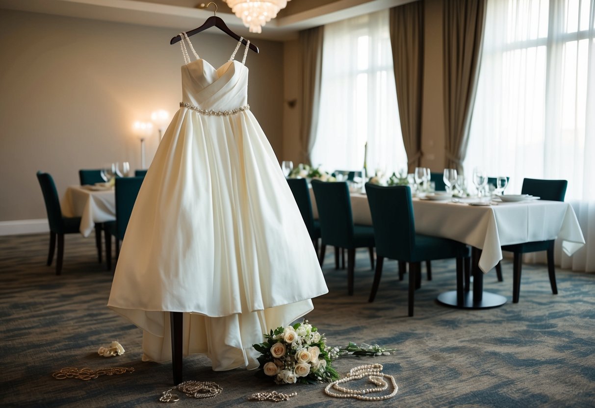 A bridesmaid's dress hangs on a chair, surrounded by scattered jewelry and a bouquet of flowers. The room is empty, with a table set for a dinner that has been untouched