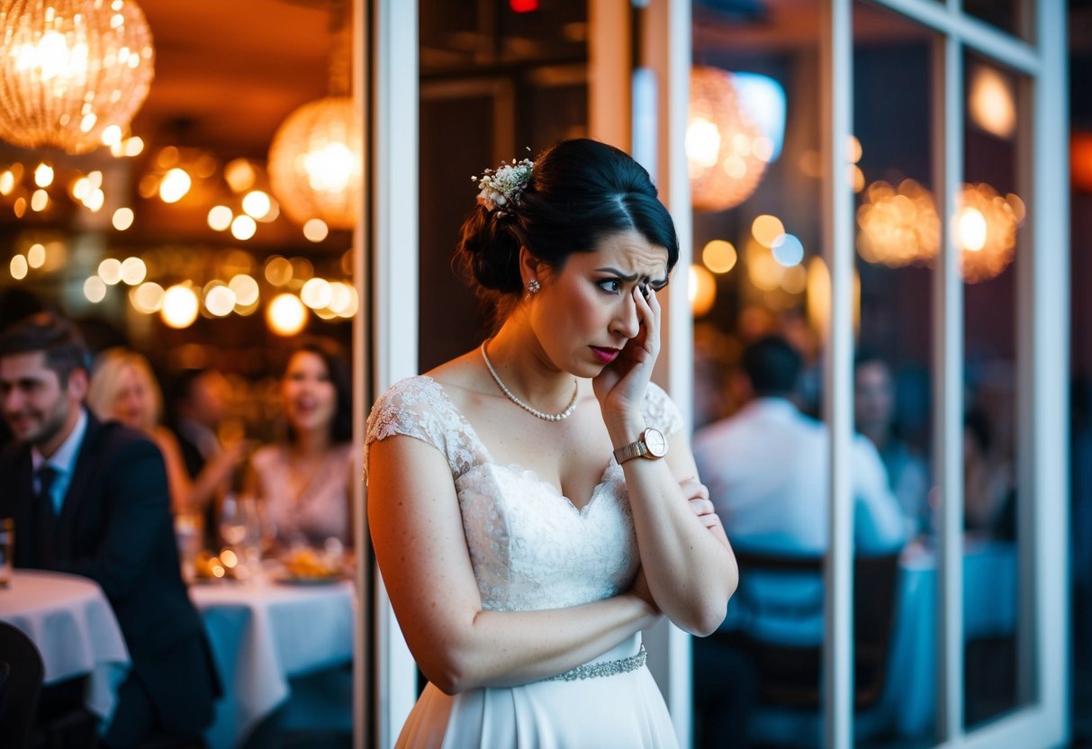 A bridesmaid stands alone outside a glowing restaurant, looking at her watch with a worried expression. The lights and laughter from inside contrast with her tense posture