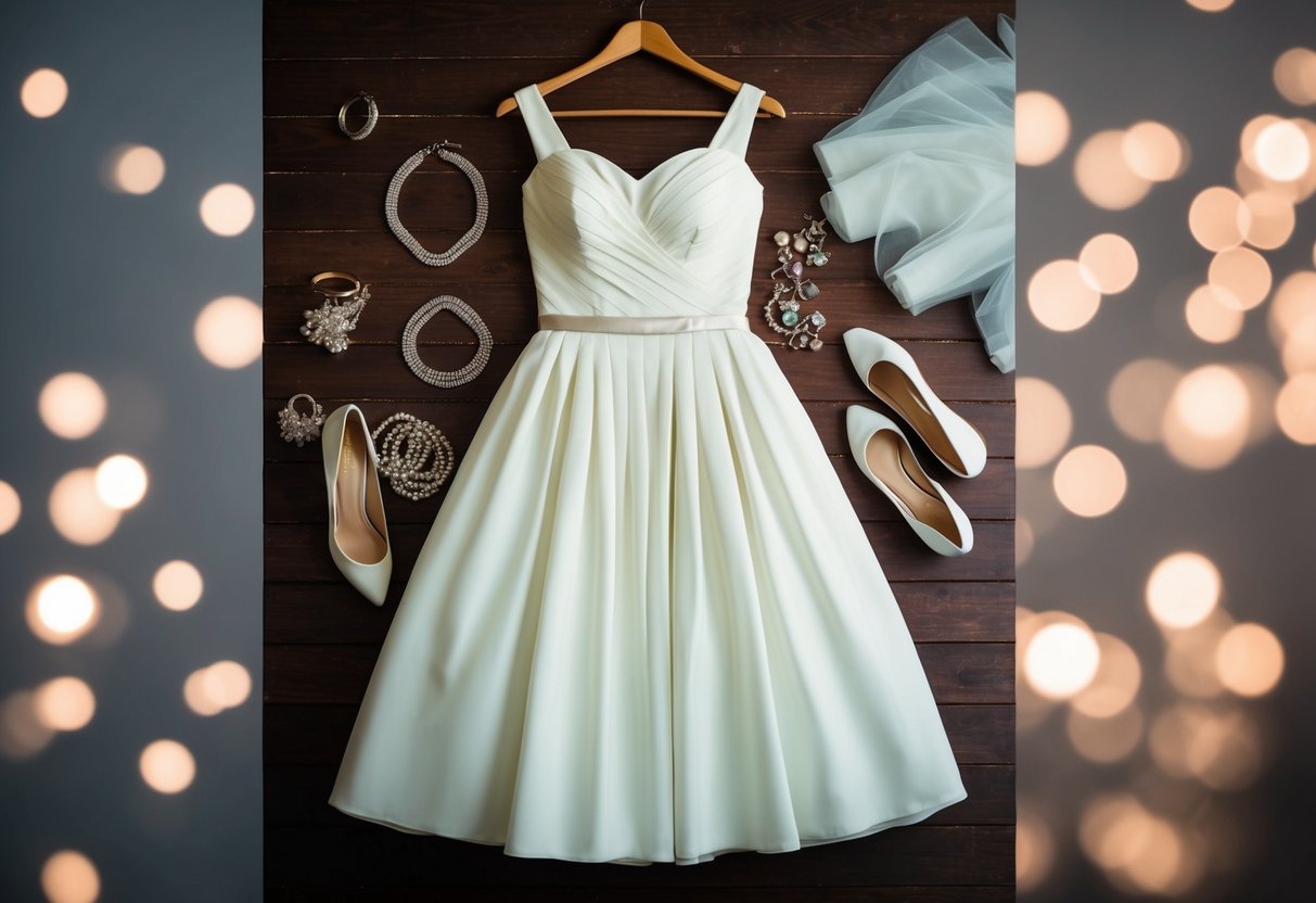 A bridesmaid's dress hangs on a hanger, surrounded by scattered jewelry and a pair of shoes, as if waiting to be worn