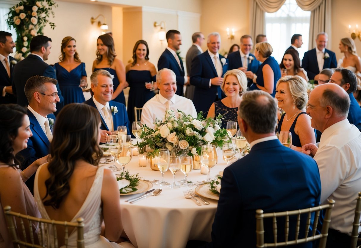 A group of close family and friends gather around a beautifully set table for a rehearsal dinner, with elegant decor and soft lighting creating a warm and intimate atmosphere