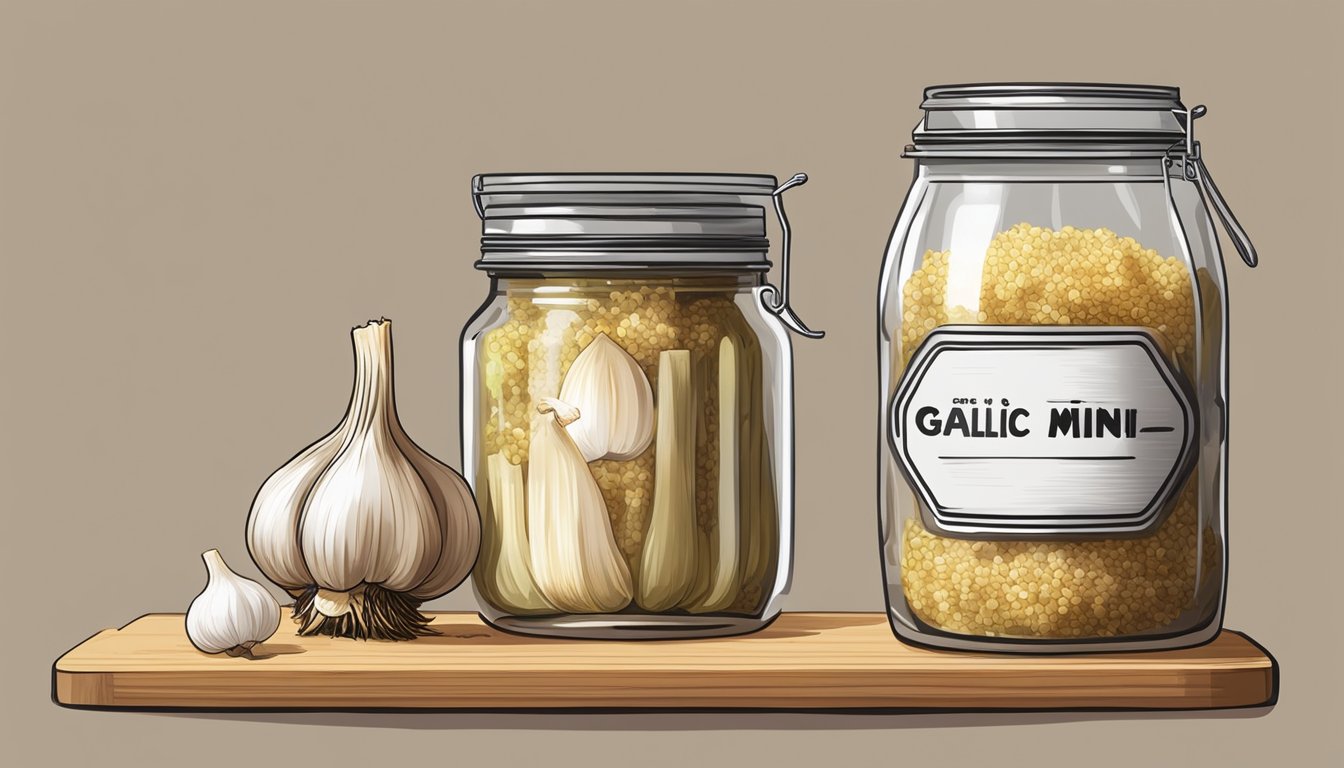 A jar of expired minced garlic next to a trash can, with a caution sign and a fresh garlic bulb on a cutting board