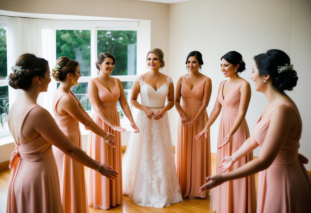 A group of bridesmaids stand in a circle, practicing their positions and movements for the wedding ceremony. The bride looks on, offering guidance and reassurance