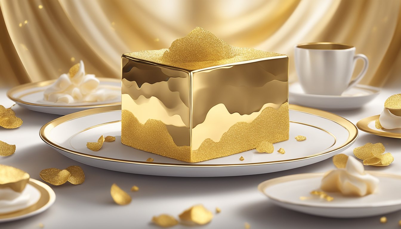 A delicate, shimmering sheet of gold leaf delicately placed on a decadent dessert