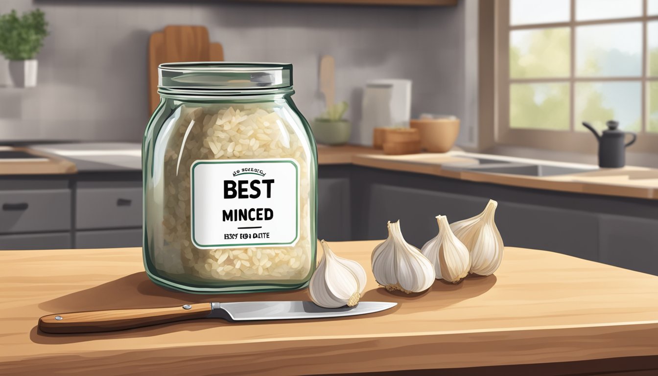 An open jar of expired minced garlic with a "best by" date clearly passed, sitting on a kitchen counter next to a cutting board and knife