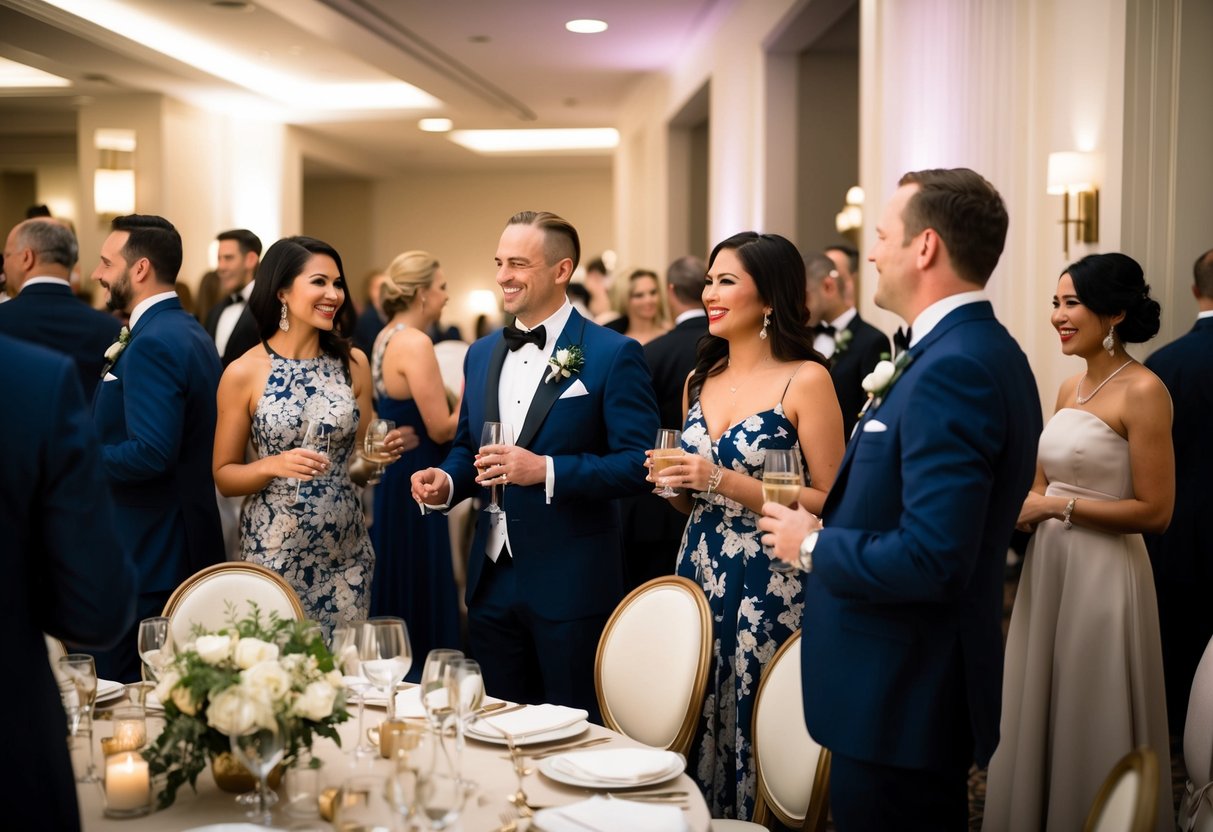Guests in elegant attire mingle in a stylish venue, with soft lighting and a sophisticated ambiance, adhering to the dress code for a rehearsal dinner