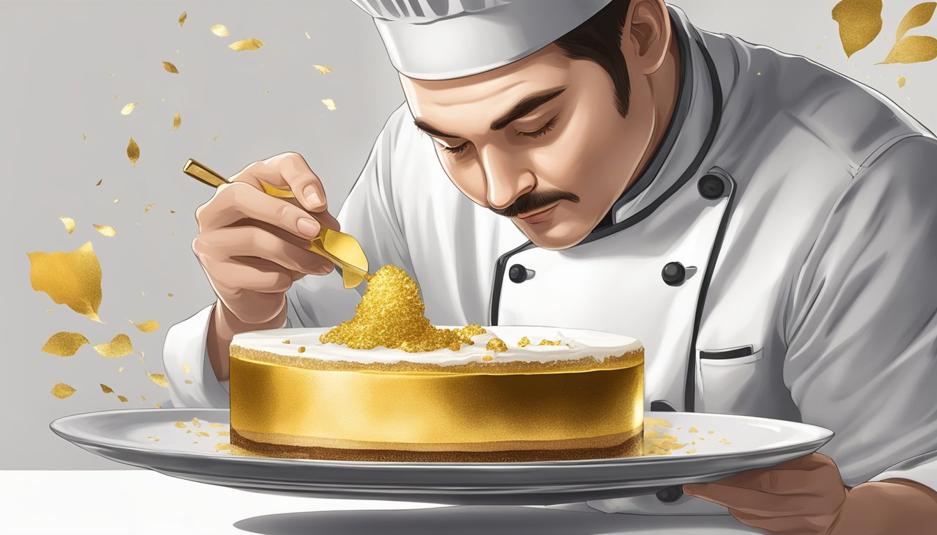 A chef carefully applies gold leaf to a gourmet dessert, following strict food safety regulations