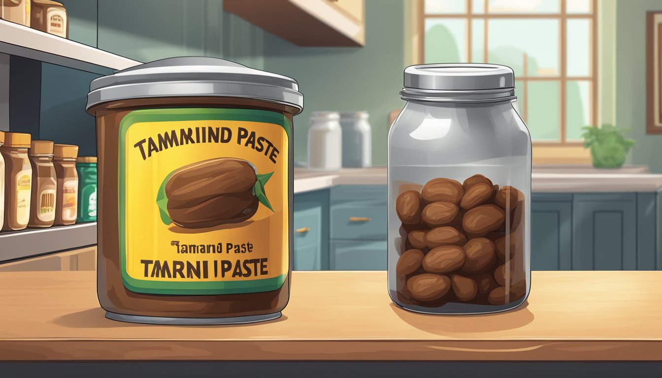 A jar of expired tamarind paste next to a trash can, with a caution sign and a fresh jar of tamarind paste in a pantry