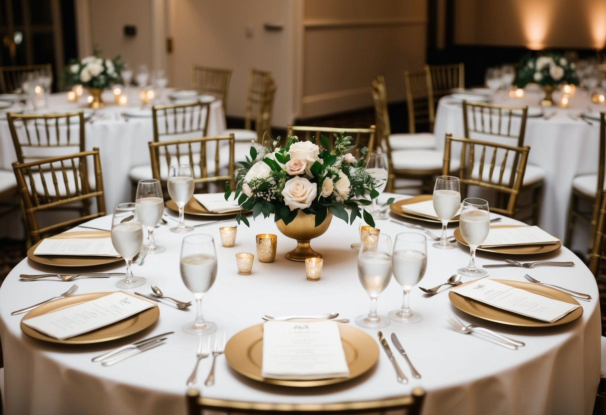 A table set with elegant place settings and floral centerpieces, surrounded by chairs for the guests