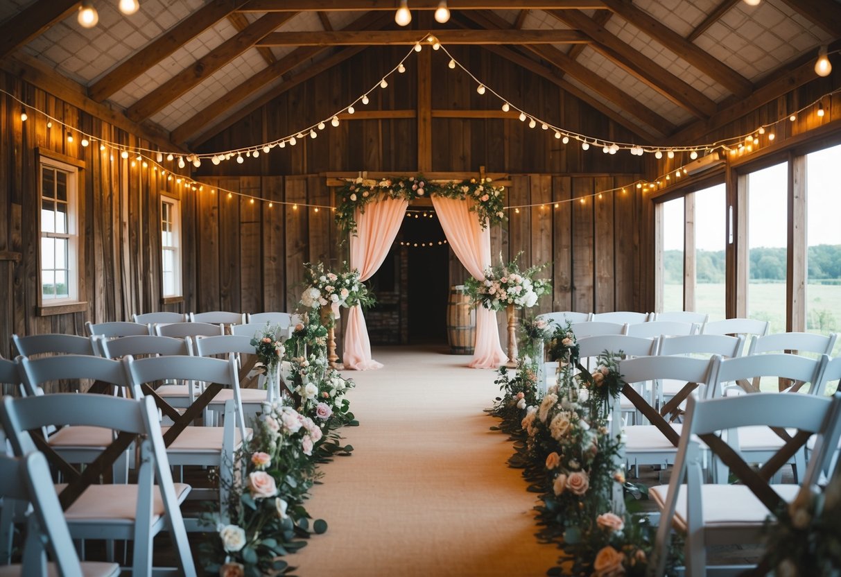 A cozy, rustic barn venue with string lights and floral decor. The theme is vintage chic with a color scheme of soft pastels and earthy tones. The dress code for the rehearsal is casual elegance