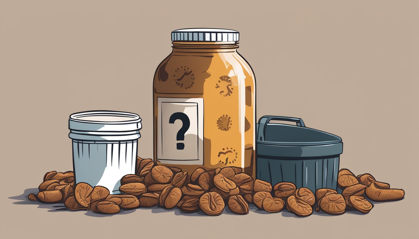 A jar of expired tamarind paste surrounded by question marks and a trash can