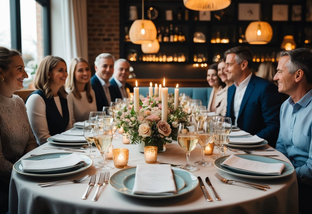 A table set with elegant place settings, surrounded by family and friends, with candles and flowers, in a cozy restaurant