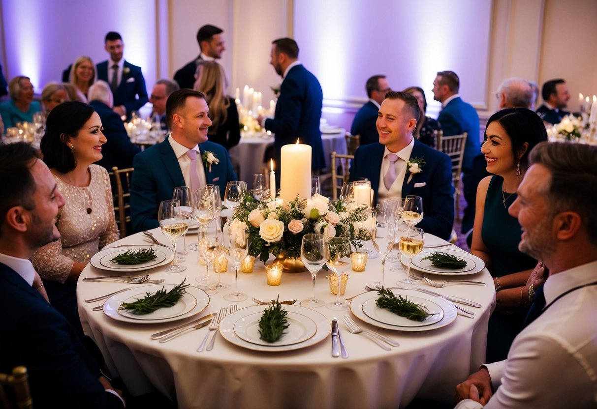 A table set with elegant dinnerware and candles, surrounded by happy guests chatting and enjoying a pre-wedding celebration in the UK