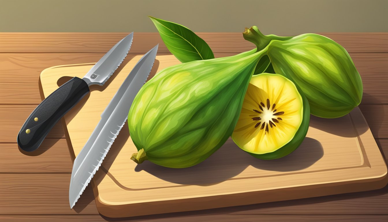 A ripe starfruit sits next to an unripe one on a cutting board, surrounded by a knife and a plate