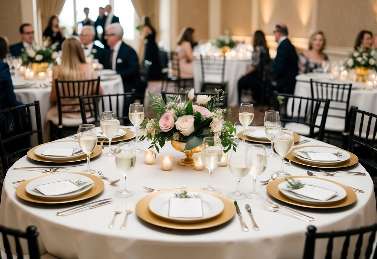 A table set with elegant dinnerware and floral centerpieces, surrounded by chairs for guests to gather and celebrate