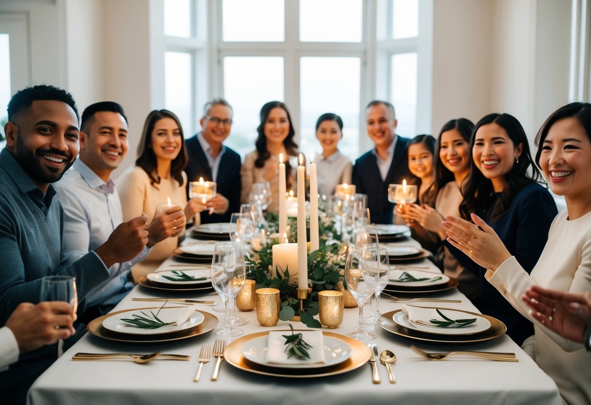 A table set with elegant place settings and lit candles, surrounded by joyful family and friends