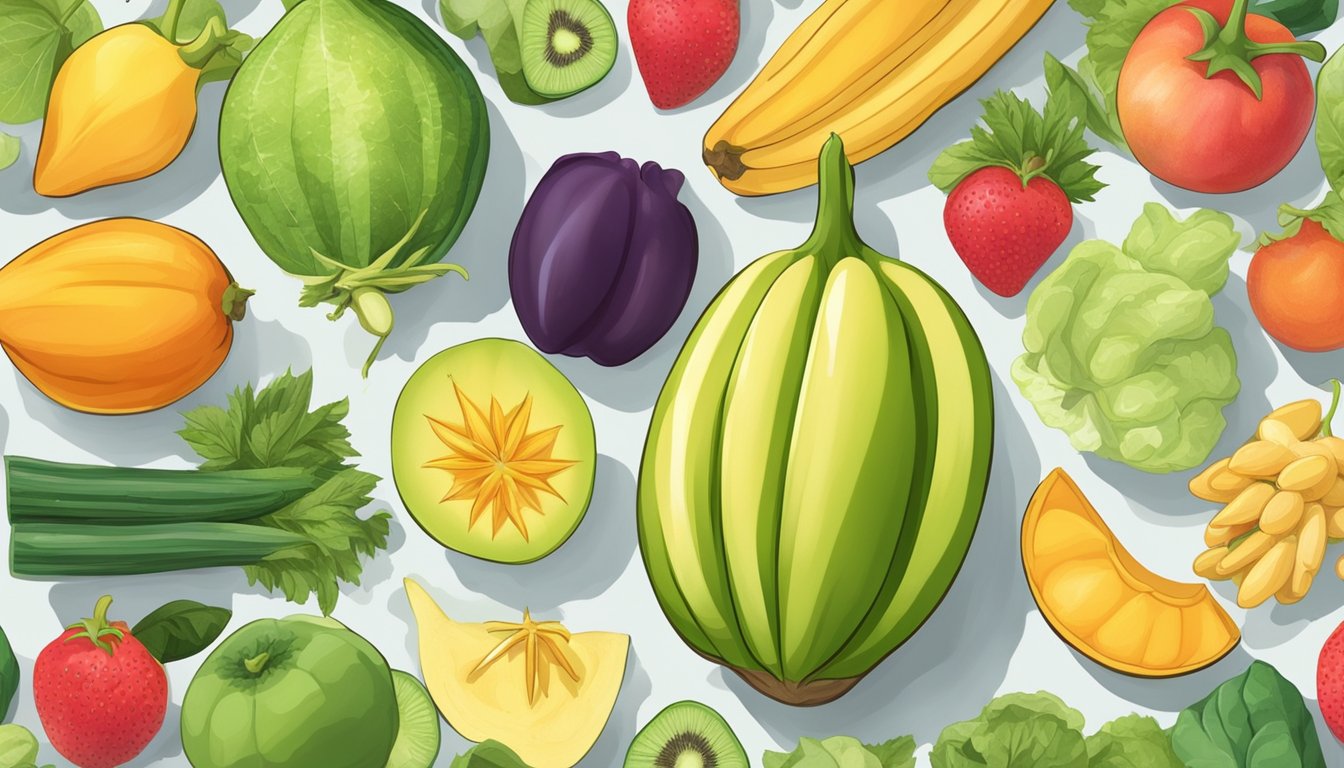 A colorful starfruit surrounded by a variety of fruits and vegetables, with a nutrition label in the background