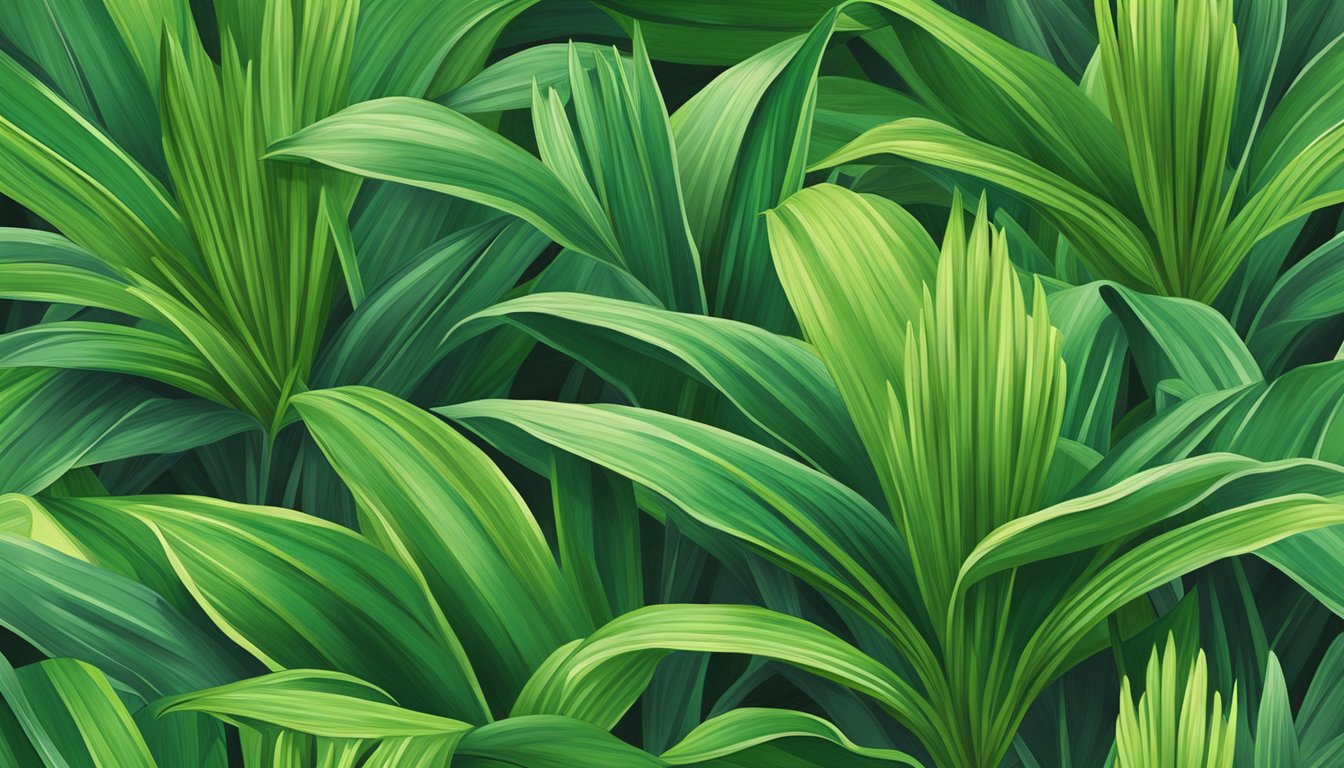 Lush green pandan leaves growing in a garden, surrounded by other vibrant botanicals