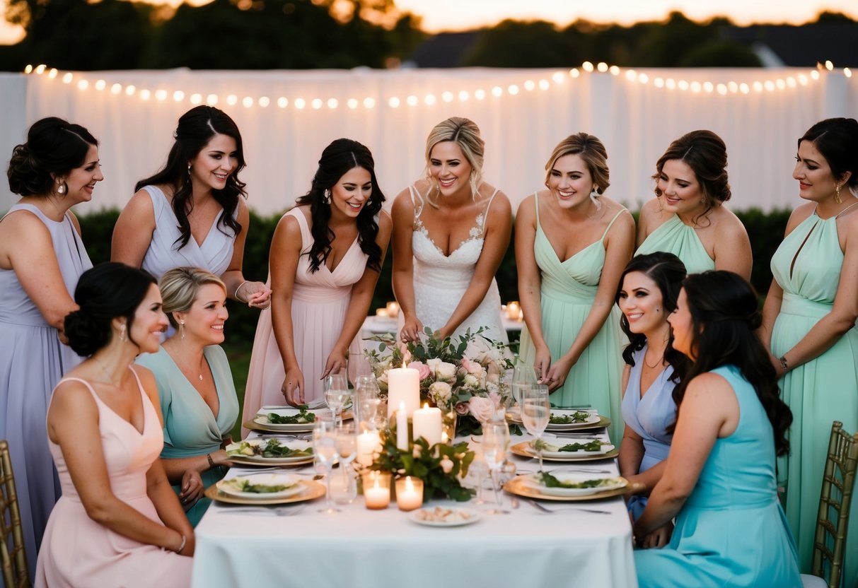 Bridesmaids in pastel dresses gather around a table at a candlelit rehearsal dinner