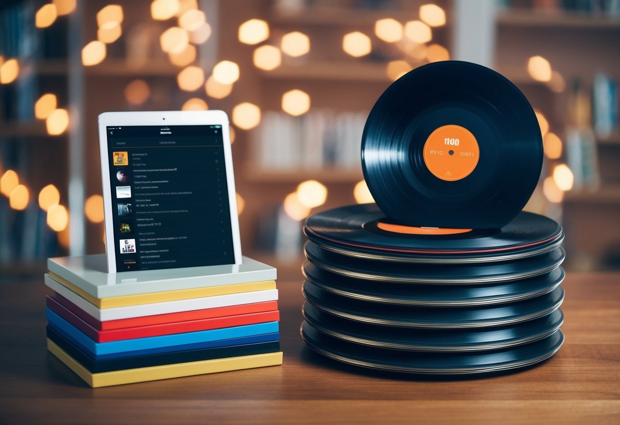 A stack of vinyl records and a digital playlist with 150 songs