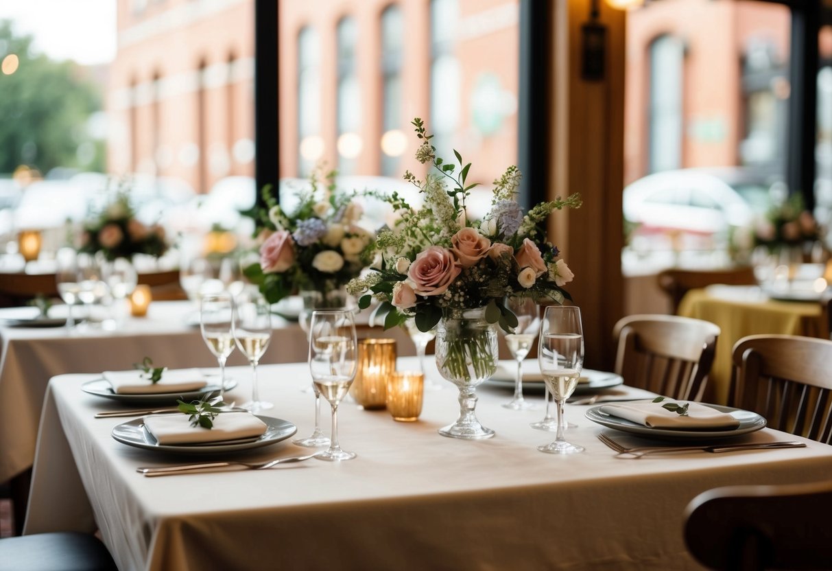 A beautifully set table with personalized place settings and delicate floral centerpieces at a cozy restaurant