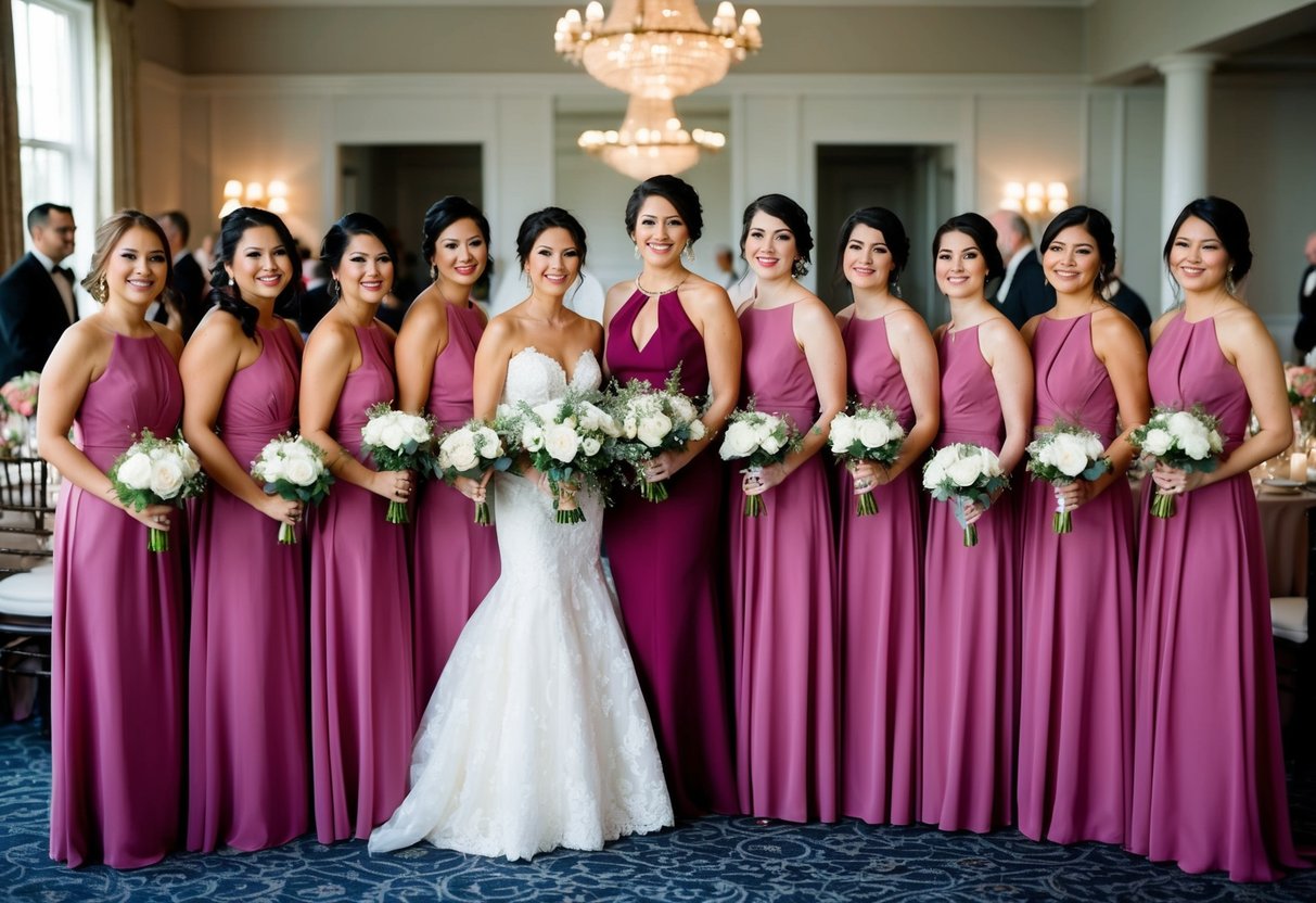 A group of bridesmaids wearing matching dresses in a color that complements the bride's attire at a formal rehearsal dinner