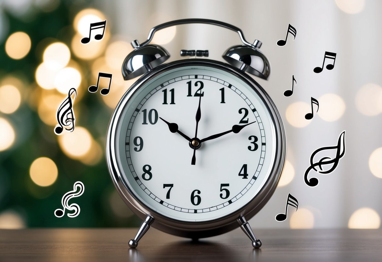 A clock showing the passage of time over 5 hours, with music notes floating around, symbolizing the number of songs needed for a wedding