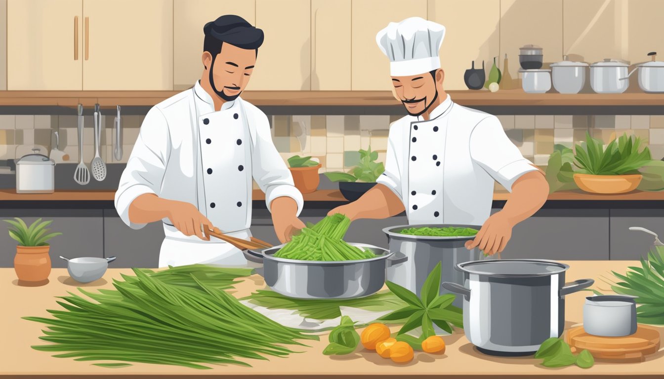 A chef adding pandan leaves to a pot of boiling water, surrounded by various cooking utensils and ingredients