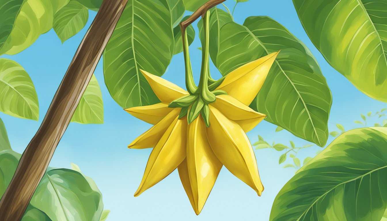 A ripe starfruit hanging from a branch, surrounded by lush green leaves and a clear blue sky in the background