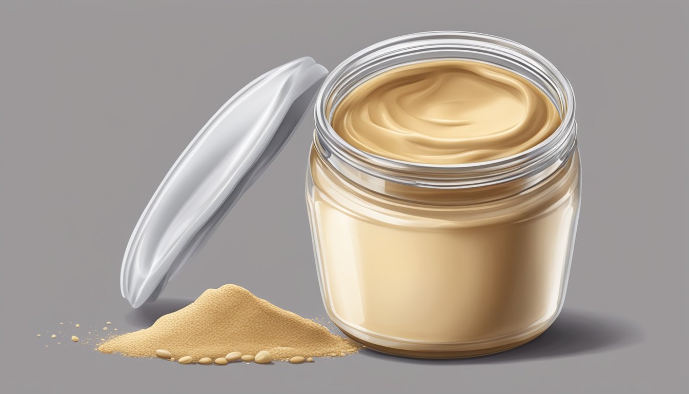 An open jar of expired tahini with visible separation and a musty odor