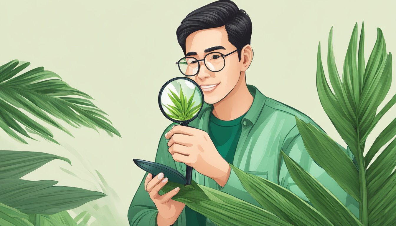 A person holding a pandan leaf and examining it with a magnifying glass