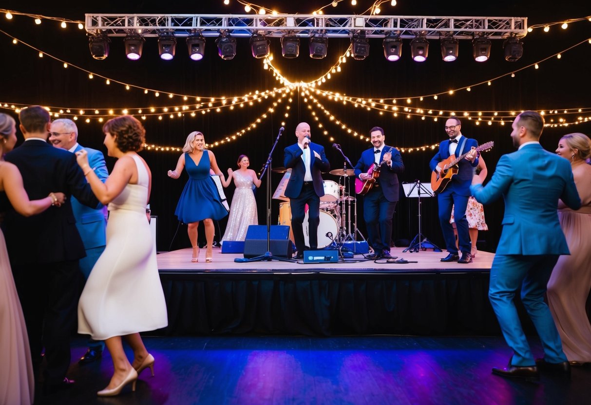 A stage with musical instruments and microphone, surrounded by dancing guests under twinkling lights