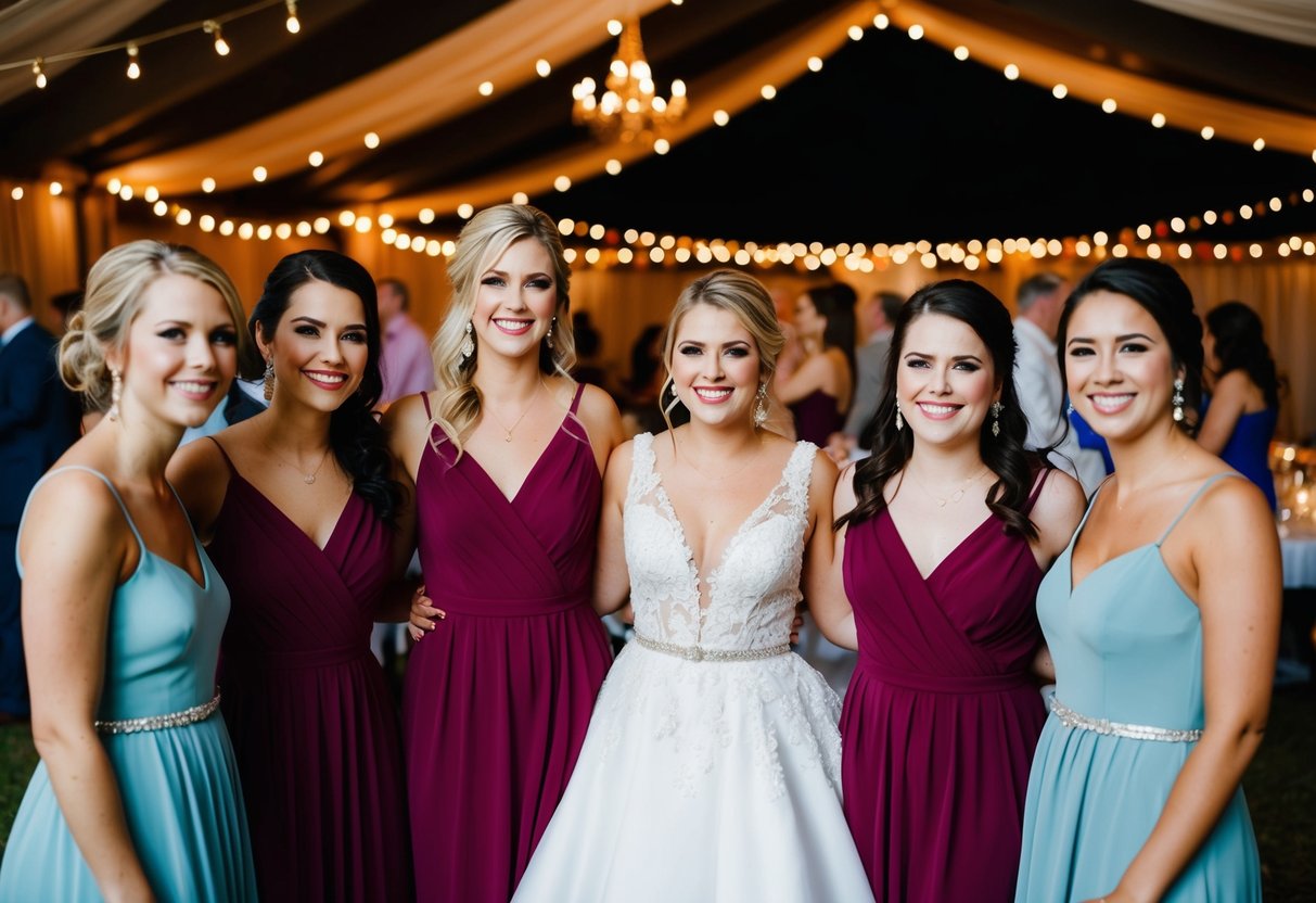 Bridesmaids in coordinating dresses at a festive rehearsal dinner