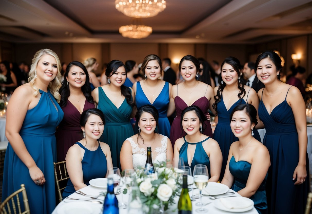 A group of bridesmaids in mismatched dresses, all in varying shades of deep blue, are gathered at a rehearsal dinner