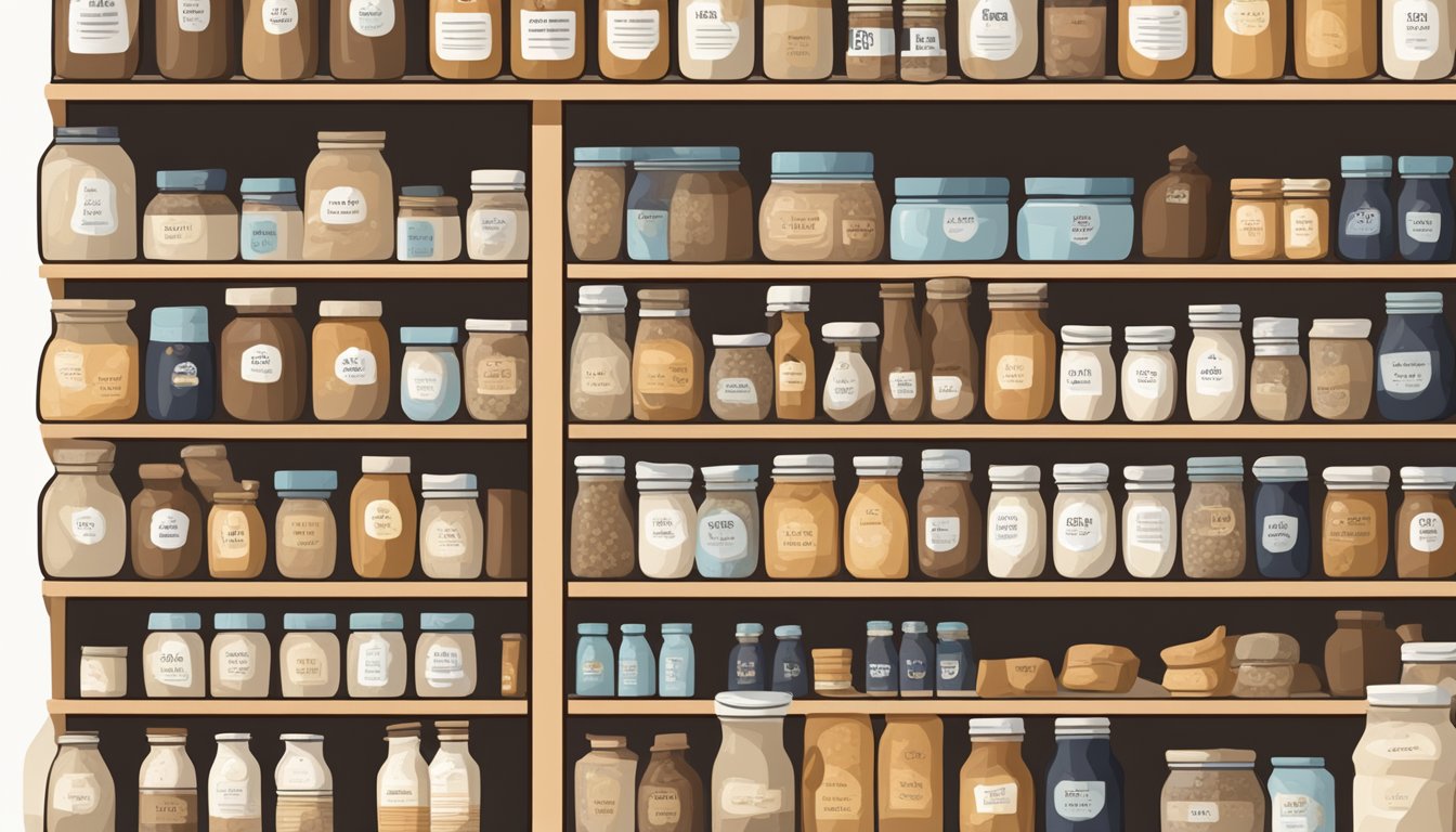 A jar of tahini sits on a shelf, surrounded by various expiration dates. Some jars are open, while others remain sealed. A calendar on the wall shows the passage of time