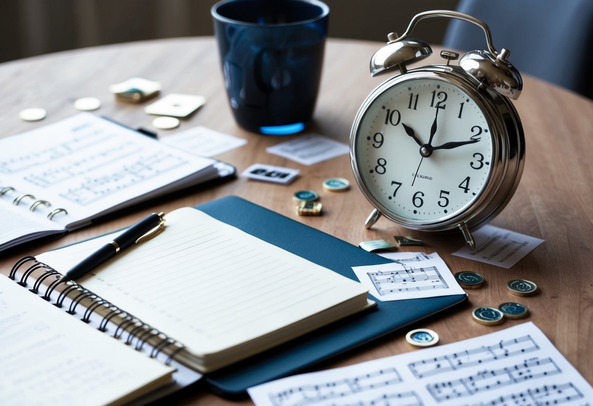A table with a planner, notebook, and pen surrounded by scattered sheet music and a clock showing 5 hours