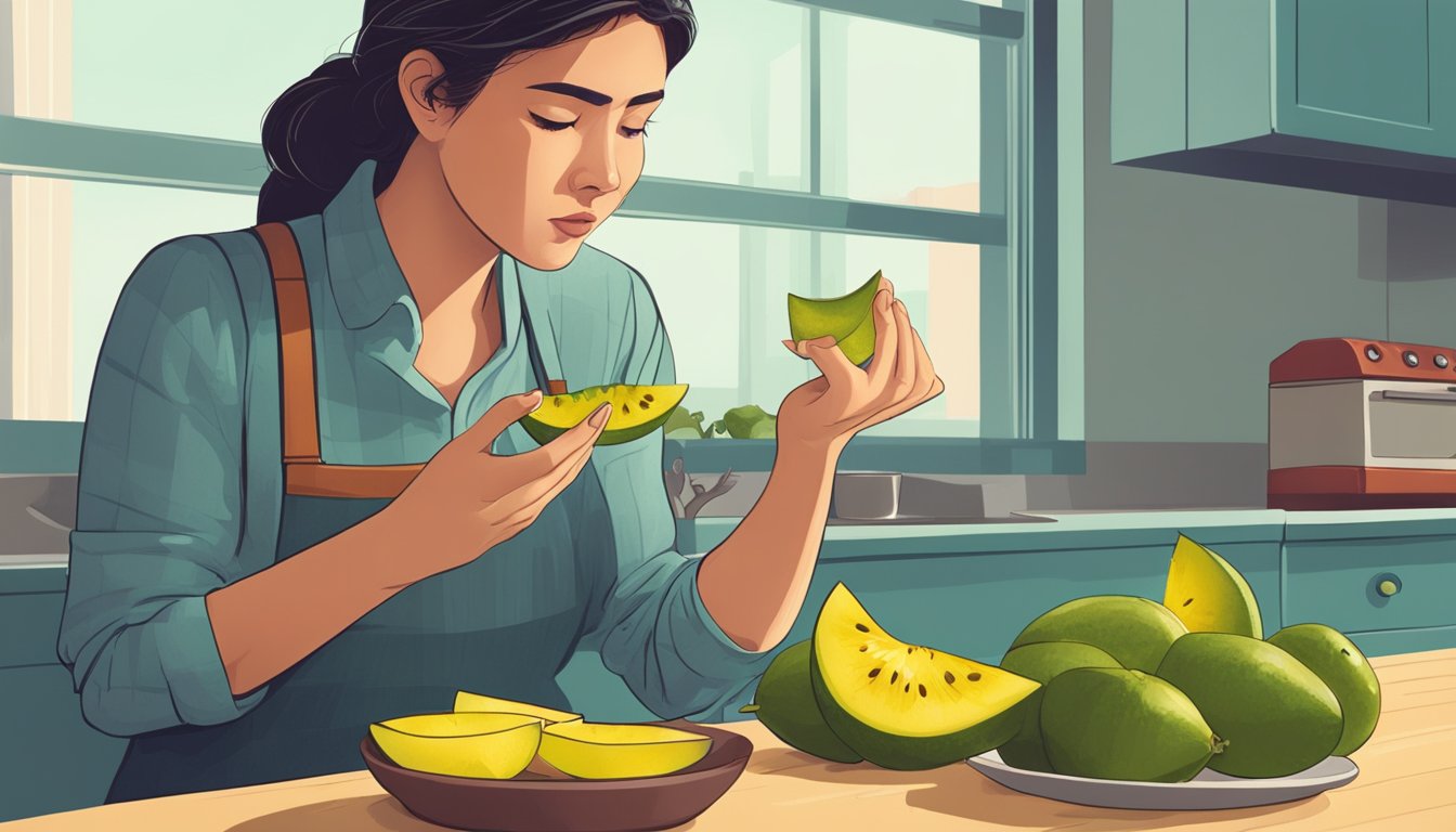 A person slicing and tasting a starfruit, with a worried expression as they wonder if it's safe to eat unripe