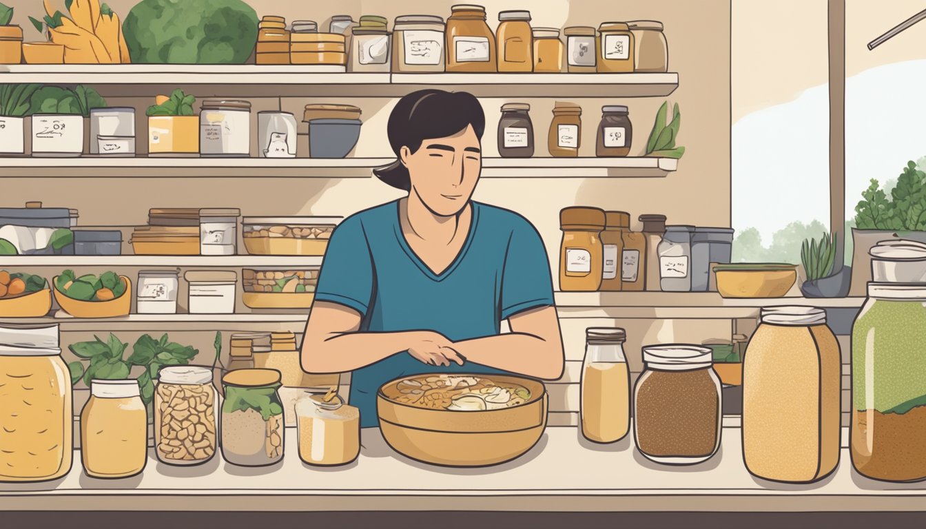 A jar of tahini with a "best by" date passed, surrounded by various food items and a concerned expression on a person's face